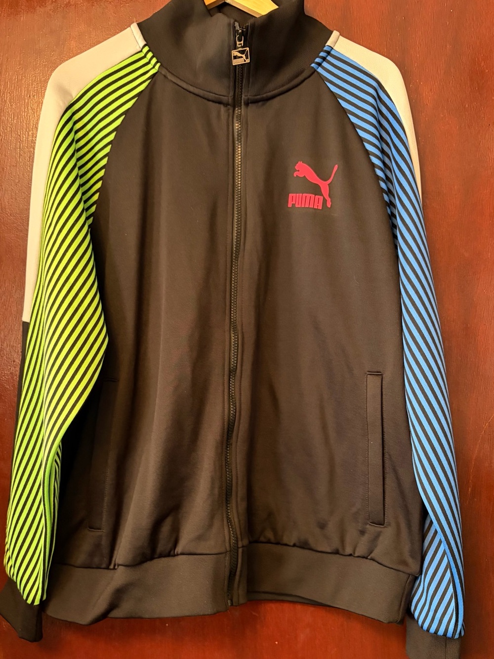 Men’s Puma Black Track Jacket with Neon Green & Blue Stripe Sleeves